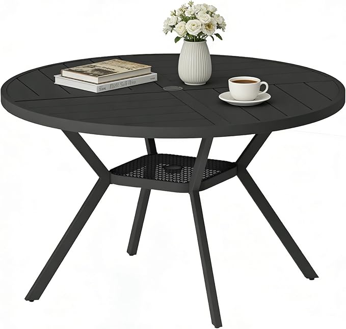 47" Outdoor Patio Table Dining Table All Weather Metal Round Patio Dining Table with Adjustable Umbrella Hole Patio Furniture for Lawn Garden Backyard, Black