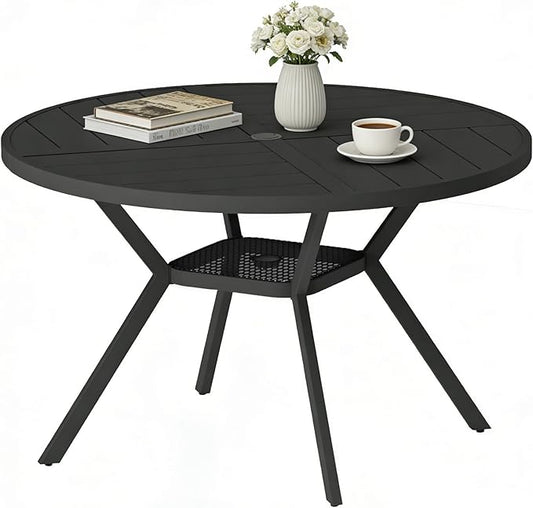 47" Outdoor Patio Table Dining Table All Weather Metal Round Patio Dining Table with Adjustable Umbrella Hole Patio Furniture for Lawn Garden Backyard, Black