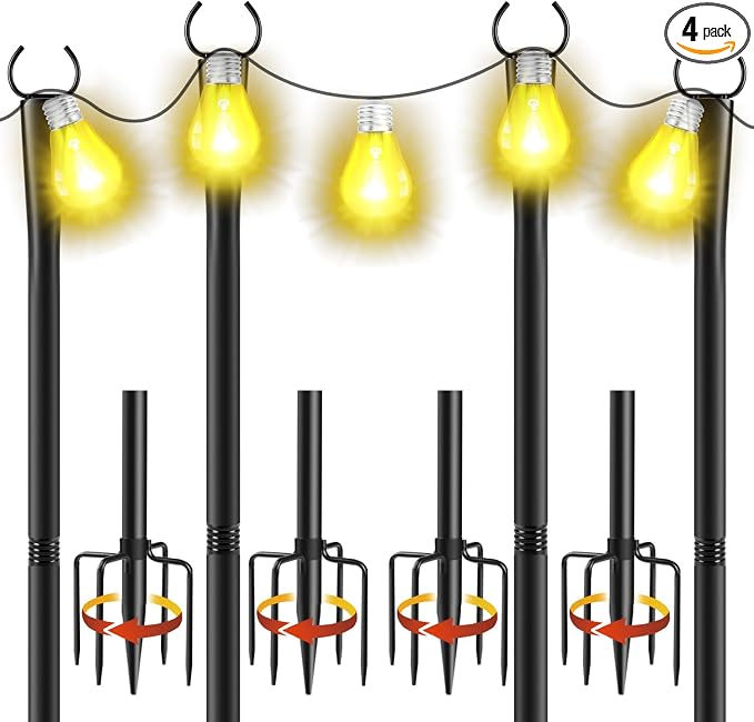 4 Pack 10Ft String Light Poles, Metal Poles with Fork for Outside Lights,Outdoor Metal Light Stand with Fence Brackets Hanging Lights for Garden Patio Wedding Backyard