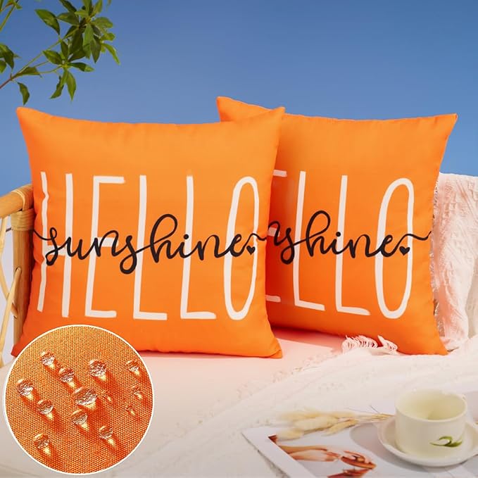 DFXSZ Orange Outdoor Waterproof Pillow Covers 20x20 Set of 2 | Hello Sunshine Decor Summer Fall Polyester Pillow Covers(NO INSERTS)| Decor for Patio Funiture Garden Sofa Couch