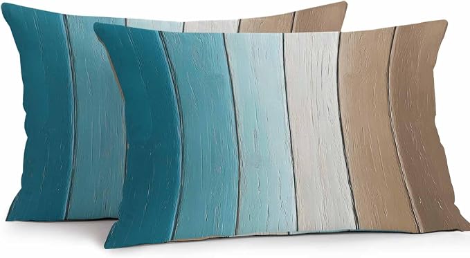 Lumbar Pillow Covers 20x12 Inch Set of 2, Teal Brown Ombre Waterproof Outdoor Cushion Covers, Vintage Country Wooden Decorative Pillowcases for Couch, Sofa, Bed, Garden, Patio