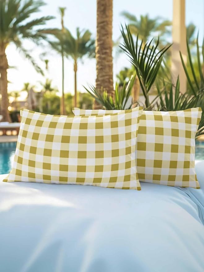 Waterproof Outdoor Pillow Set of 2 Buffalo Plaid Decorative Throw Pillows Cover & Insert 20x12 Inch Lumbar Pillowcase Yellow Check Lines Pillows for Couch Sofa Bed Patio Furniture Indoor Outdoor