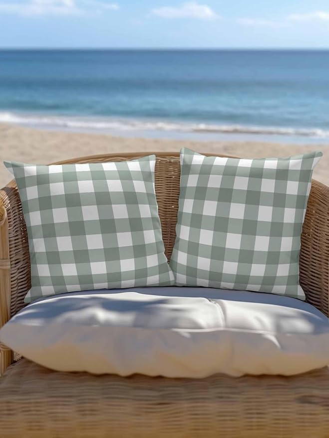 Waterproof Outdoor Pillow Set of 2 Sage Green Buffalo Plaid Decorative Throw Pillows Cover & Insert 16x16 Inch Pillowcase Check Lines Square Pillows for Couch Sofa Bed Patio Furniture Indoor Outdoor