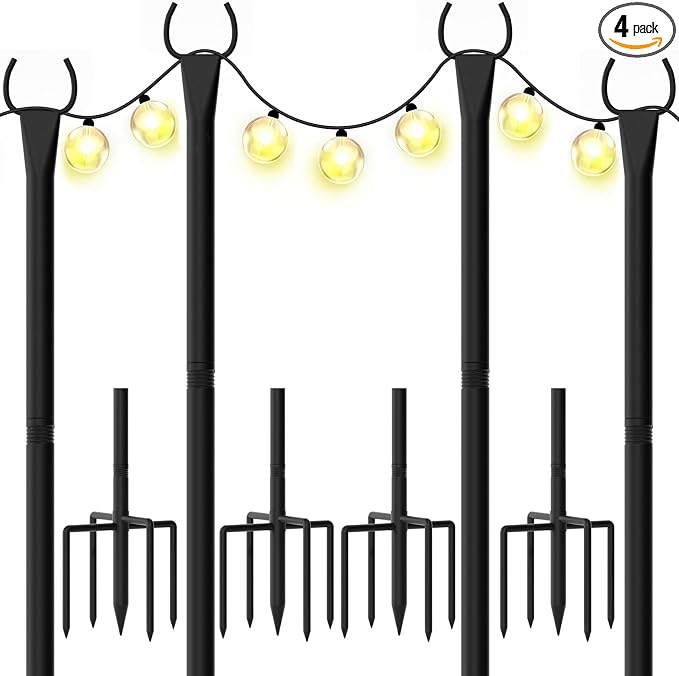 String Light Poles for Outside, 10ft Outdoor Poles for String Lights, Heavy Duty Stepped-in 5-Prong Base Light Pole for Backyard, Patio, Garden, Wedding & Party Decor (4 Pack)
