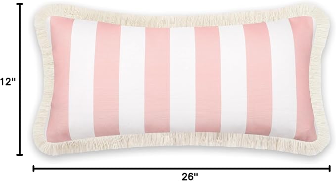 Hofdeco Premium Coastal Patio Indoor Outdoor Long Lumbar Pillow Cover Only, 12"x26" Water Repellent for Backyard, Couch, Blush Pink Stripes with Fringe
