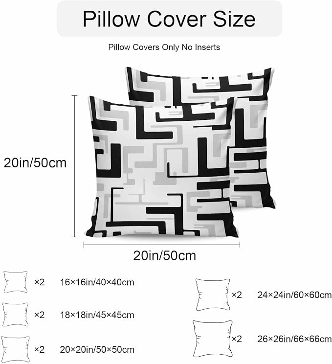 Vandarllin Outdoor Throw Pillows Covers 20x20 inch Set of 2 Waterproof Black Geometric Stripes Decorative Zippered Cushion Covers for Patio Furniture, Modern Abstract Lines Lumbar Pillowcases