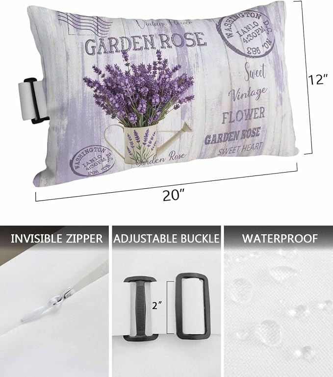Pack of 4 Outdoor Lumbar Pillow Covers 12x20 Inch, Purple Lavender Waterproof Throw Pillow Covers Set, Vintage Farmhouse Rustic Floral Wooden Grain Outside Decorative Cushion Cases for Patio Porch Car