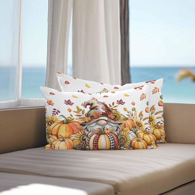 Fall Gnomes Outdoor Waterproof Pillow Covers, Thanksgiving Pumpkins Leaf Sunflowers Farm Decorative Rectangle Throw Pillowcase Sofa Cushion Sham for Patio/Couch/Chair, 20"x12" 2 Pack