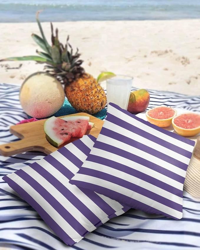 Outdoor Pillows 18x18 Waterproof Outdoor Pillow Covers Purple White Stripes Polyester Throw Pillow Covers Garden Cushion Decorative Case for Patio Couch Decoration Set of 2 Geometric