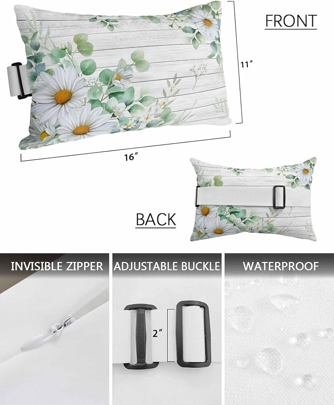 Daisy Eucalyptus Leaves Outdoor Pillows with Insert 11x16 Inch Floral Spring White Wood Grain Waterproof Headrest Pillows with Adjustable Strap Lounger Chair Throw for Patio Furnitures, 1 Pack