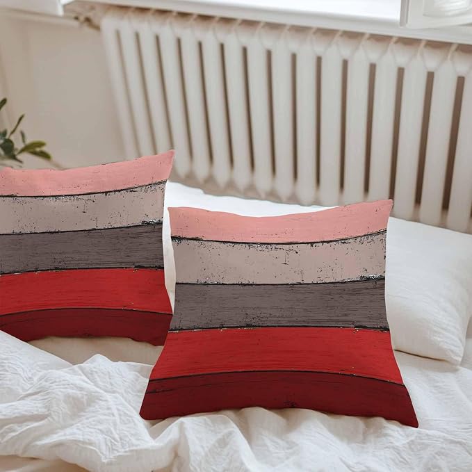 Outdoor Throw Pillow Covers 24X24 Set of 2 Waterproof Ombre Christmas Red Brown Decorative Zippered Cushion Covers for Patio Furniture, Farmhouse Retro Rustic Barn Wood Texture Lumbar Pillowcases