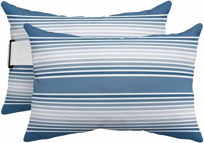 Pack of 4 Outdoor Lumbar Pillow Covers 12x20 Inch, Blue Striped Waterproof Throw Pillow Covers Set, Blue Ombre Farmhouse Stripes Indoor&Outdoor Decorative Cushion Cases for Patio Porch Car