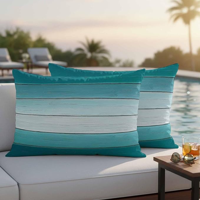 Teal Turquoise Outdoor Pillow Covers 20x12 Inch Lumbar Pillow Covers Set of 2 Waterproof Decorative Throw Pillow Cases Farmhouse Abstract Gradient Wooden Plank Cushion Covers for Patio Furniture