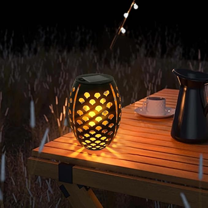2PCS Solar Table Lanterns Flickering Flame Waterproof Black Shell | Metal Hollow Black Shell, Waterproof, 7.3" H, Ideal For Tabletop Garden Patio Decor
