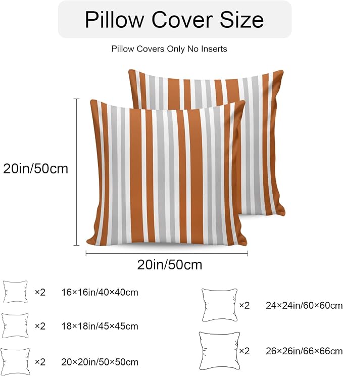Burnt Orange Grey Stripe Outdoor Pillow Covers 20x20 Inch Throw Pillow Covers Set of 2 Waterproof Decorative Pillow Cases Farmhouse Minimalist Striped Cushion Covers for Patio Furniture Garden Couch