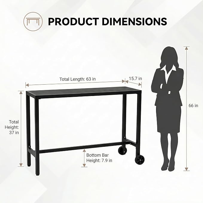 Outdoor Bar Table, 63" High Top Table with Wheel, Portable Bar Counter Height Table Weather Resistant Waterproof Top Outdoor Tables with Powder Coated Steel Framefor Tub,Garde,Poolside