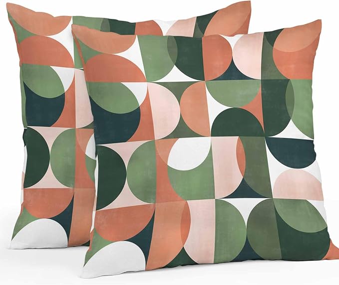 Vandarllin Outdoor Throw Pillows Covers 24x24 inch Set of 2 Waterproof Mid Century Geometric Decorative Zippered Cushion Covers for Patio Furniture, Abstract Modern Green Orange Lumbar Pillowcases