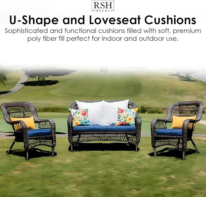 RSH DECOR: Tufted U-Shapes & Lumbars 2 of Each | 22" x 22” & 20" x 12" | Water-Resistant Spun Fabric | Outdoor Wicker Cushions & Support Pillows for Patio Furniture | Black Buffalo Plaid