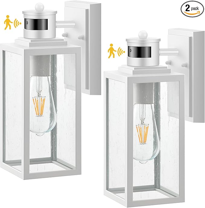 VIANIS 2 Pack Motion Sensor Exterior Lighting Fixtures Wall Mount, Modern White Outdoor Garage Lights, Anti-Rust Waterproof Outdoor Wall Sconce for House Coach Entryway, Dusk to Dawn Front Porch Light