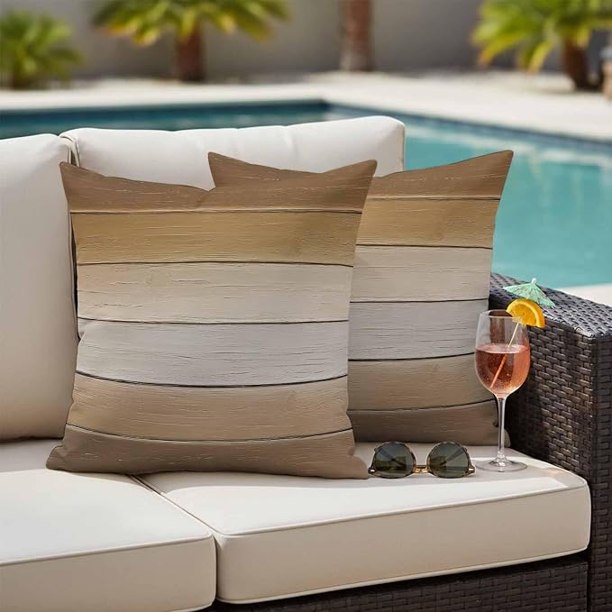 Brown Beige Outdoor Pillow Covers 18x18 Inch Throw Pillow Covers Set of 2 Waterproof Decorative Pillow Cases Farmhouse Vintage Gradient Wooden Grain Cushion Covers for Patio Furniture Garden Couch