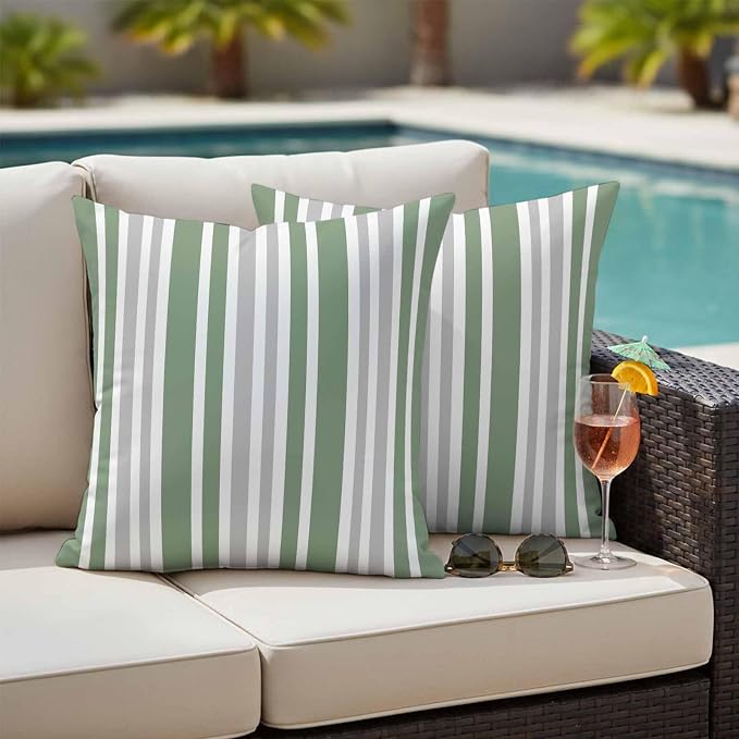Sage Green Grey Stripe Outdoor Pillow Covers 18x18 Inch Throw Pillow Covers Set of 2 Waterproof Decorative Pillow Cases Farmhouse Minimalist Striped Cushion Covers for Patio Furniture Garden Couch