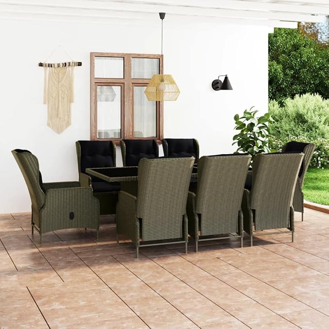 9 Piece Patio Dining Set with Cushions Poly Rattan Brown | Powder-coated Steel Frame, Glass Tabletop, Adjustable Backrest, Removable Cushion Covers
