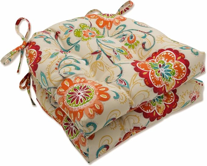 Pillow Perfect Bright Floral Indoor/Outdoor Tufted Wicker Seat Cushion With Ties, 2 Count, 15.5" x 16", Tan Fanfare