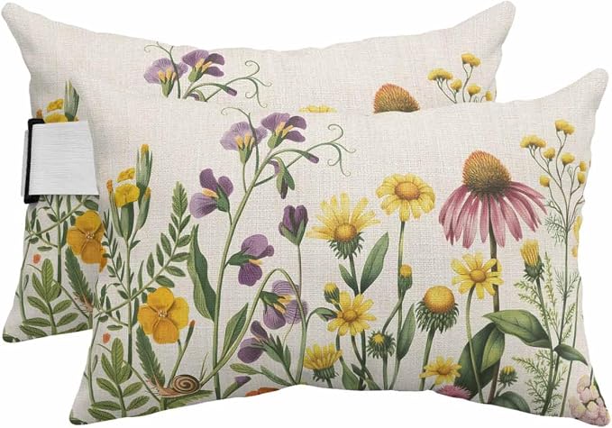 Spring Wildflowers Outdoor Pillows with Insert 11x16 Inch Summer Country Plants Leaf Flowers Linen Waterproof Headrest Pillows with Adjustable Strap Lounger Chair Throw for Patio Furnitures , 2 Pack