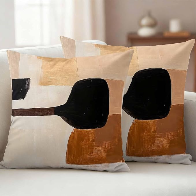 Beige Black Outdoor Waterproof Throw Pillow Covers Set of 2, 16"x16", Brown Abstract Art Graffiti Color Block Modern Decorative Pillow Covers Outside Cushion Case for Patio Porch Garden