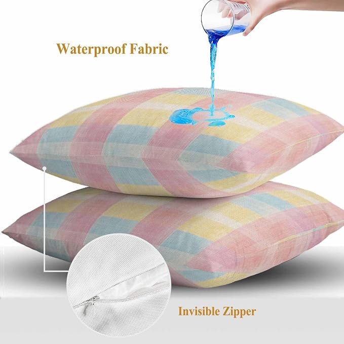 Colorful Plaids Outdoor Waterproof Throw Pillow Covers Set of 2, 16"x16", Pink Blue Yellow Stripes Geometric Rustic Decorative Pillow Covers Outside Cushion Case for Patio Porch Garden