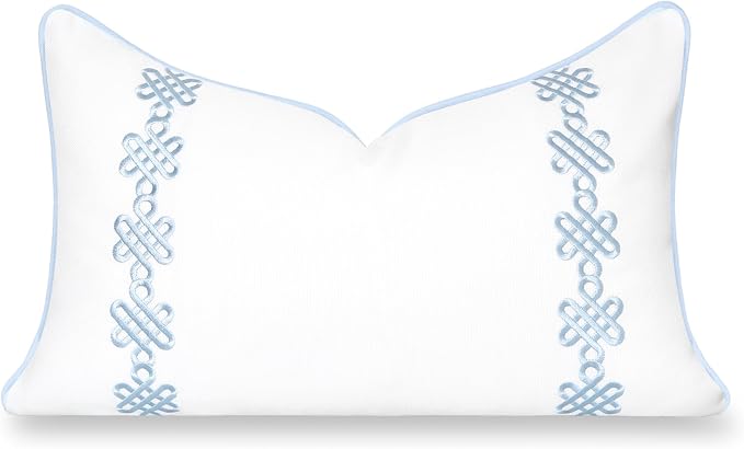 Hofdeco Premium Grandmillennial Patio Indoor Outdoor Lumbar Pillow Cover Only, 12"x20" Water Repellent for Backyard, Couch, Poolside, Baby Blue Embroidered Chinoise Lucky Knots