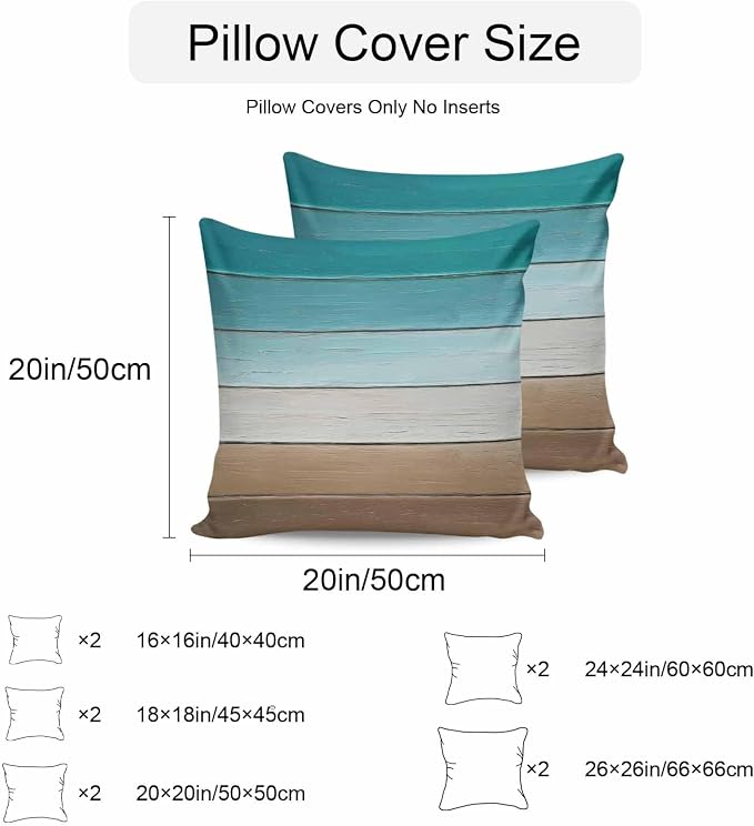 Teal Brown Outdoor Pillow Covers 16x16 Inch Throw Pillow Covers Set of 2 Waterproof Decorative Pillow Cases Rustic Vintage Abstract Ombre Wooden Plank Cushion Covers for Patio Furniture Garden Couch