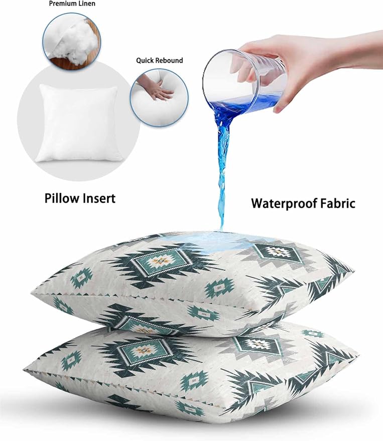 Waterproof Outdoor Pillow Set of 2 Turquoise Boho Aztec Decorative Throw Pillows Cover & Insert 16x16 Inch Pillowcase Southwest Tribal Style Pillows for Couch Sofa Bed Patio Furniture Indoor Outdoor