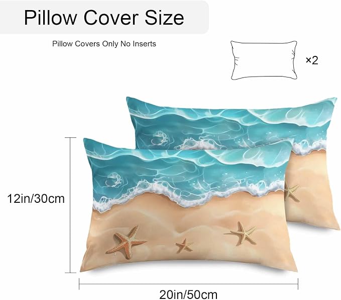 Ocean Beach Waterproof Outdoor Pillow Covers Set of 2 Home Decor, Starfish Sea Waves Coastal Seaside Sand Pillowcase Patio Pillow Covers for Couch Bench Furniture Garden 20x12in