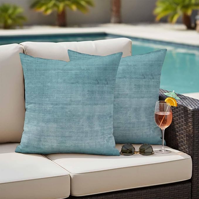 Vandarllin Outdoor Throw Pillows Covers 26x26 inch Set of 2 Waterproof Turquoise Linen Decorative Zippered Cushion Covers for Patio Furniture, Solid Color Texture Lumbar Pillowcases