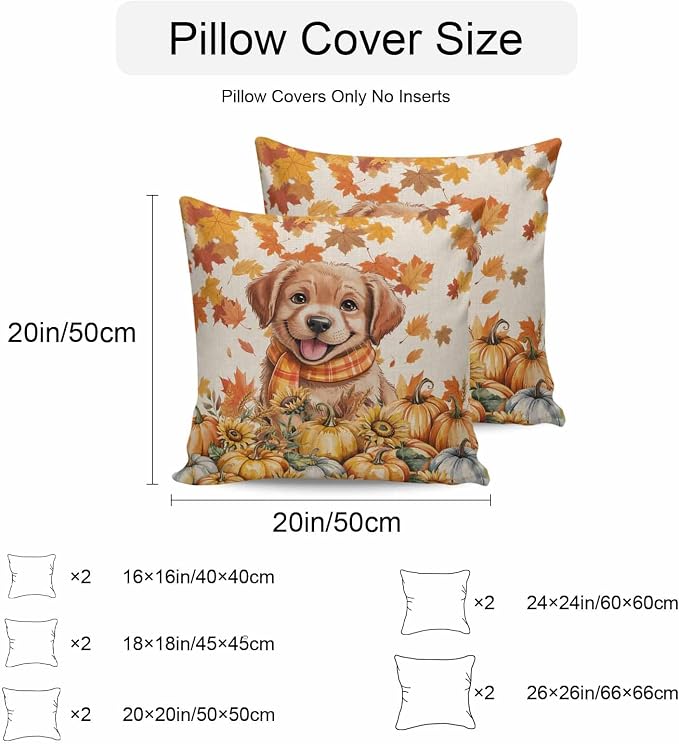 Orange Cute Dog Outdoor Waterproof Pillow Covers, Fall Pumpkins Maple Leaves Retro Pastoral Decorative Square Throw Pillowcase Sofa Cushion Sham for Patio/Couch/Chair, 16"x16" 2 Pack