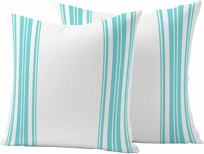 Outdoor Waterproof Throw Pillow Covers Set of 2 Turquoise Stripes Pillowcases 24x24 Inches White Vertical Striped Decorative Pillows Cushion Case Patio Pillows for Couch Bed Chair Garden