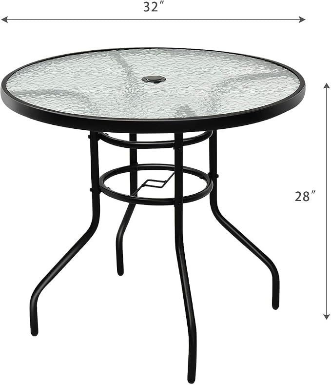 Tangkula 32" Round Outdoor Table with Tempered Glass Top, Patio Dining Table with Umbrella Hole & Metal Frame, Outside Bistro Table for Backyard, Lawn, Deck & Poolside