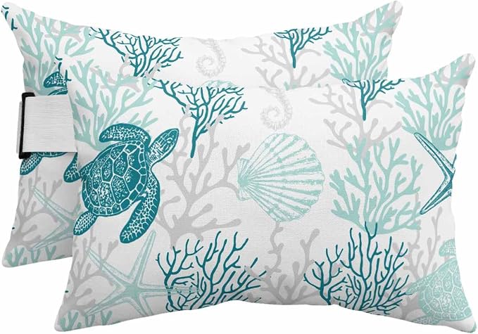 Lumbar Pillow Covers Set of 2, Turquoise Coastal Waterproof Outdoor Chaise Lounge Pillow Covers with Elastic Strap, Sea Turtle Nautical Coral Summer Beach Headrest Pillowcase for Patio, 11 x 16