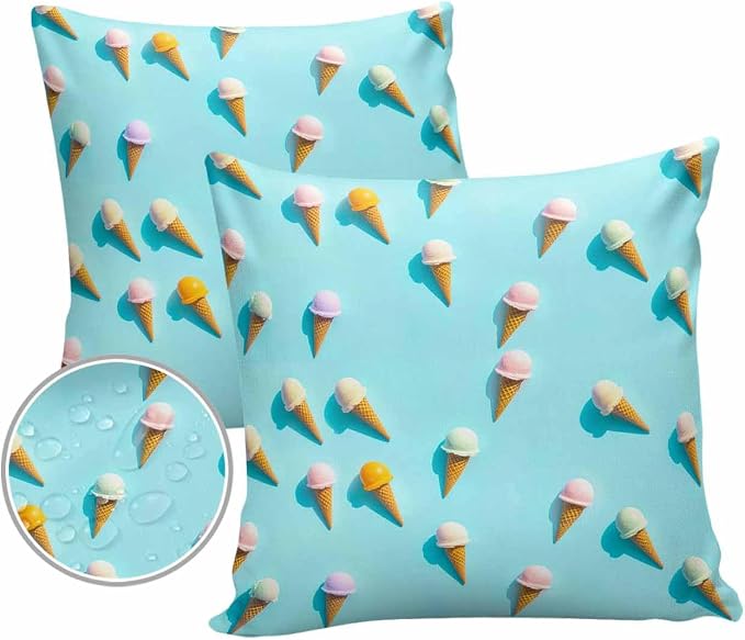 Outdoor Pillow Covers 20 x 20 Inches, Blue Ice Cream Waterproof Throw Pillow Cover Set of 2, Summer Colorful Ice Cream Home Decorative Square Cushion Covers for Patio/Tent/Couch/Garden