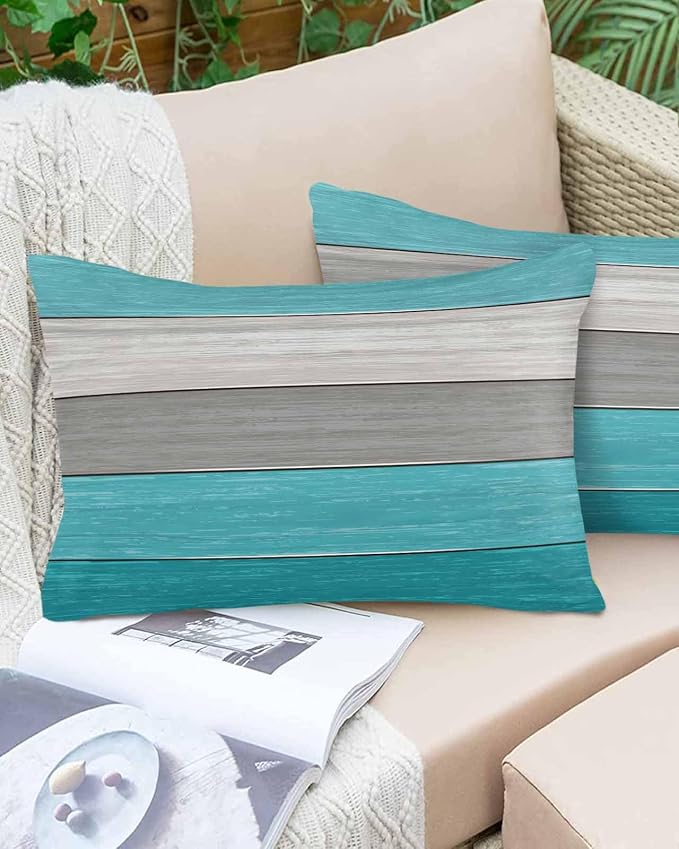 Outdoor Throw Pillow Covers 12X20 Set of 2 Waterproof Ombre Aqua Blue Gray Decorative Zippered Cushion Covers for Patio Furniture, Farmhouse Retro Rustic Barn Wood Texture Lumbar Pillowcases