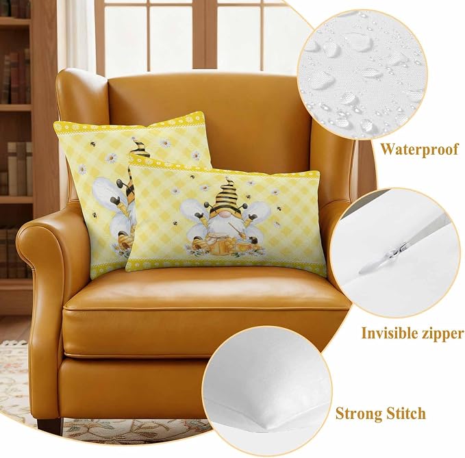 Yukro Honey Gnome Outdoor Waterproof Pillow Covers Pack of 2, Watercolor Honey Bees Floral Yellow Plaid Decorative Throw Pillowcases Cushion Covers for Garden Patio Tent Sofa Couch, 24x24 inch