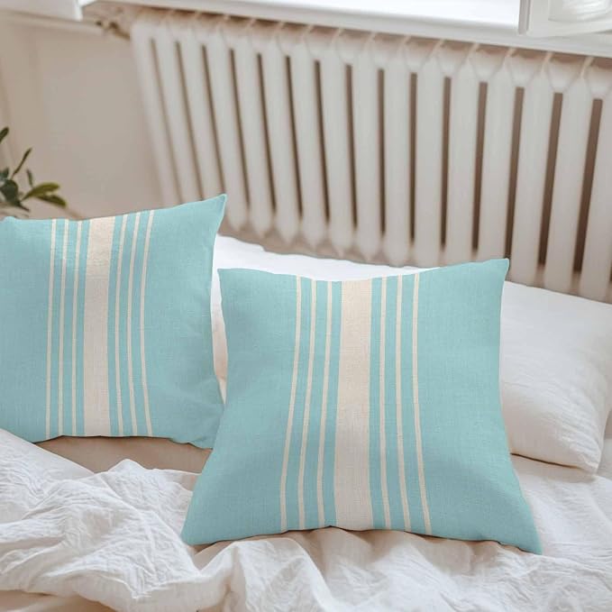 Throw Pillow Covers 20x20 Inch Set of 2, Aqua Beige Striped Waterproof Outdoor Cushion Covers, Modern Farmhouse Retro Lines Decorative Pillowcases for Couch, Sofa, Bed, Garden, Patio