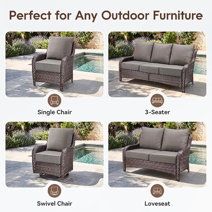 Luxury 22*24*6in Outdoor Patio Cushions, 5 Pieces Grey Outdoor Cushion | 6'' Thick Outdoor Cushions, Water-Resistant, Reversible, Removable Cover, for Patio Chairs Sofa Couch Loveseat