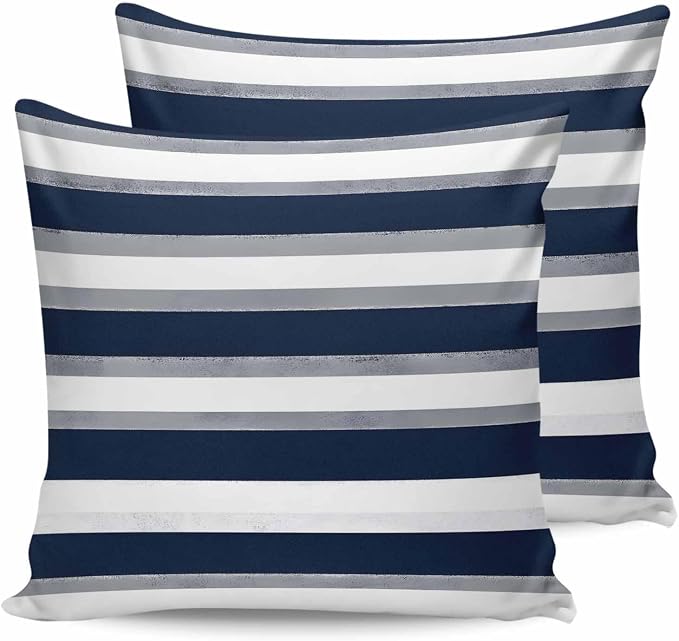 Pack of 2 Blue Grey White Stripes Outdoor Pillow Waterproof Covers 26x26 inch, Classic Geometric Polyester Throw Pillow Covers Garden Cushion Decorative Case for Patio Couch Decoration