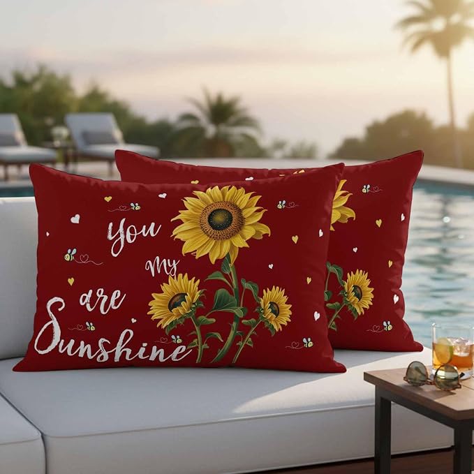 You Are My Sunshine Outdoor Pillow Covers Set of 2 Vintage Country Yellow Sunflower Floral Bees Heart Red Waterproof Throw Pillow Cover Decorative Cushion Cases for Patio Porch Garden 20X12 Inch