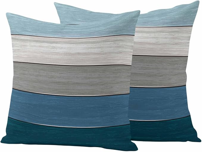 Outdoor Throw Pillow Covers 18X18 Set of 2 Waterproof Ombre Blue Gray Decorative Zippered Cushion Covers for Patio Furniture, Farmhouse Retro Rustic Barn Wood Texture Lumbar Pillowcases Ocean Hues