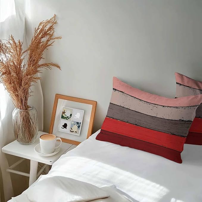 Outdoor Throw Pillow Covers 12X20 Set of 2 Waterproof Ombre Christmas Red Brown Decorative Zippered Cushion Covers for Patio Furniture, Farmhouse Retro Rustic Barn Wood Texture Lumbar Pillowcases