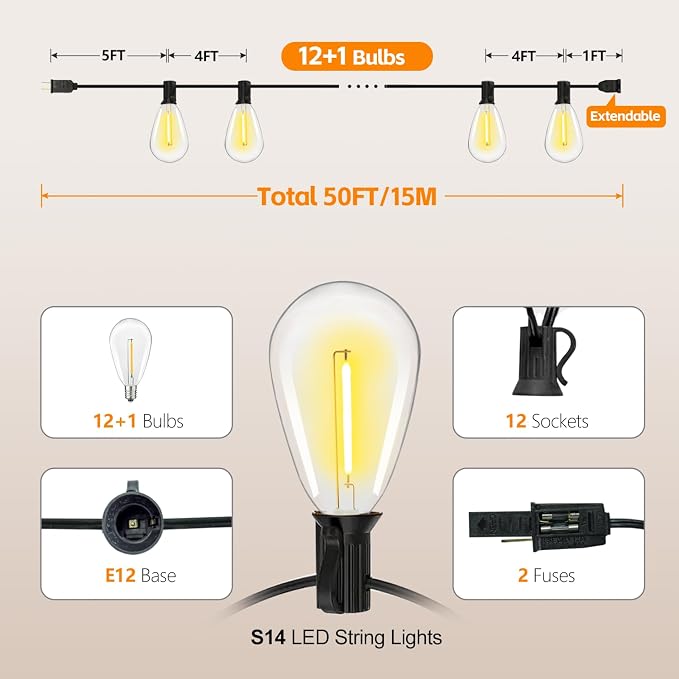 50FT S14 E12 Outdoor String Lights Waterproof Patio 12+1 (1 Spare) bulbs | Outside Hanging Shatterproof S14 E12 LED Light Bulb for Parties Porch Garden Fences Backyard Outdoor Indoor