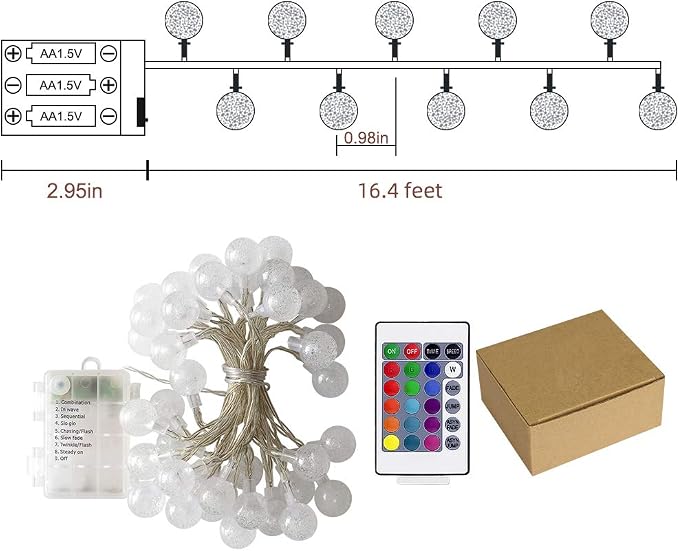Metaku 16.4ft 50LED Battery Operated Fairy Light with Remote Color Changing | Outdoor String Lights Waterproof Indoor Outdoor Hanging Globe Decorative Christmas for Patio Gazebo Bistro Garden Balcony